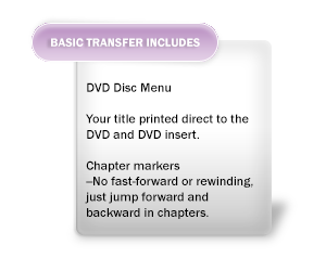 Kraimer Kreative DVD Disc Menu. Your title printed direct to the DVD and DVD insert. Chapter markers--No fast-forward or rewinding, just jump forward and backward in chapters.
